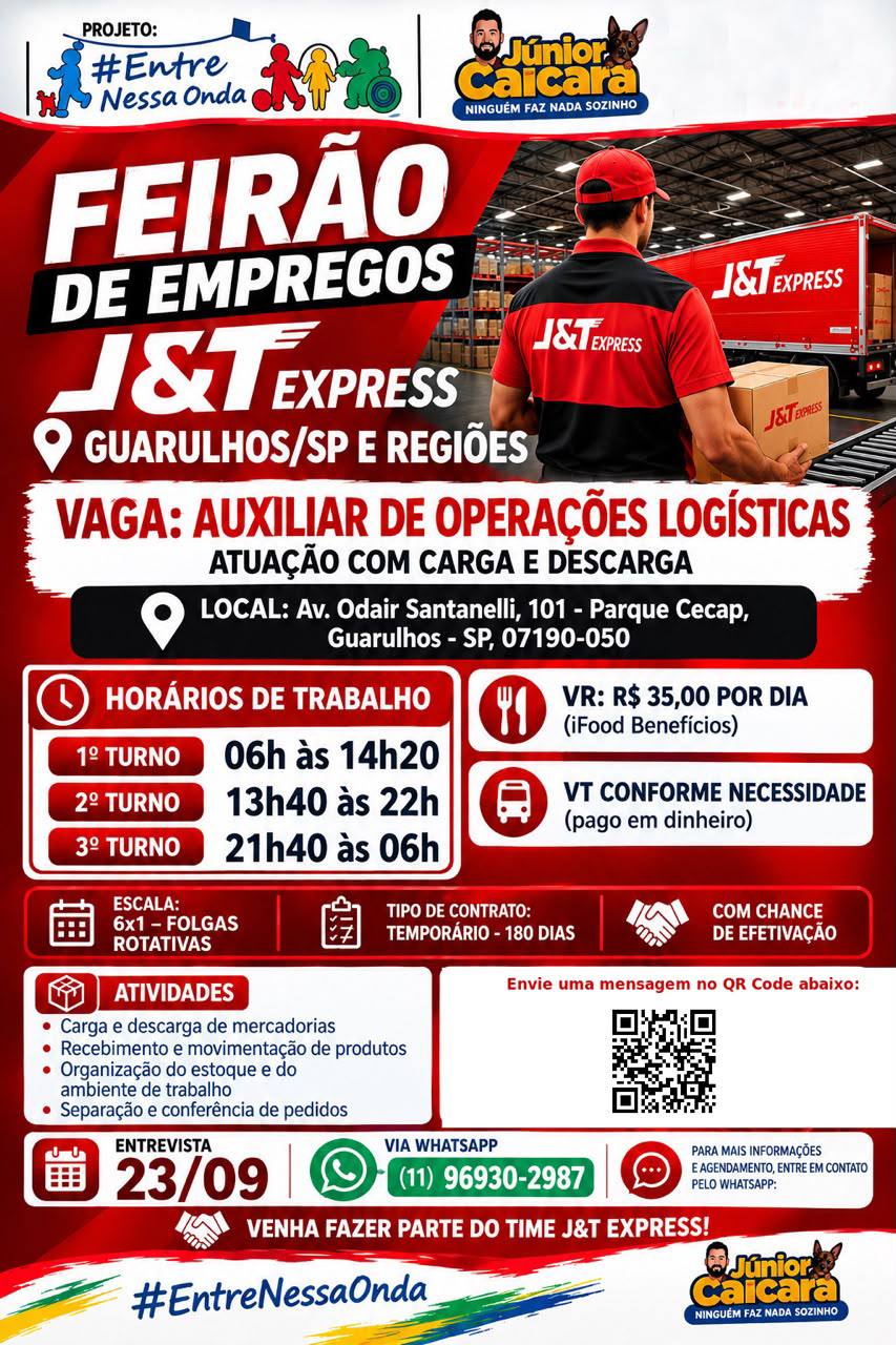 Feirão de Empregos J&T Express em Guarulhos: vagas de auxiliar de operações logísticas, entrevistas em 23/09